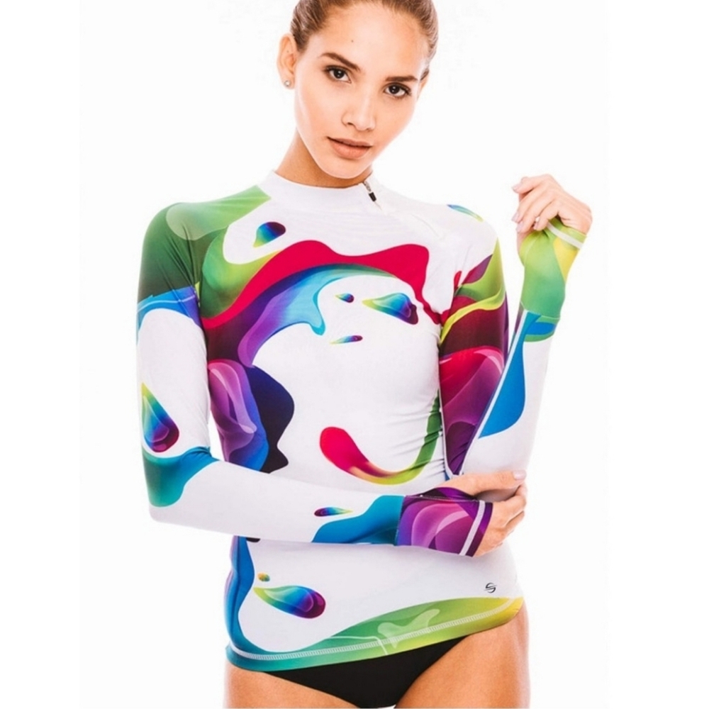 Platinum Sun Rainbow rash guard anti-glide silicone strip women LARGE UPF50